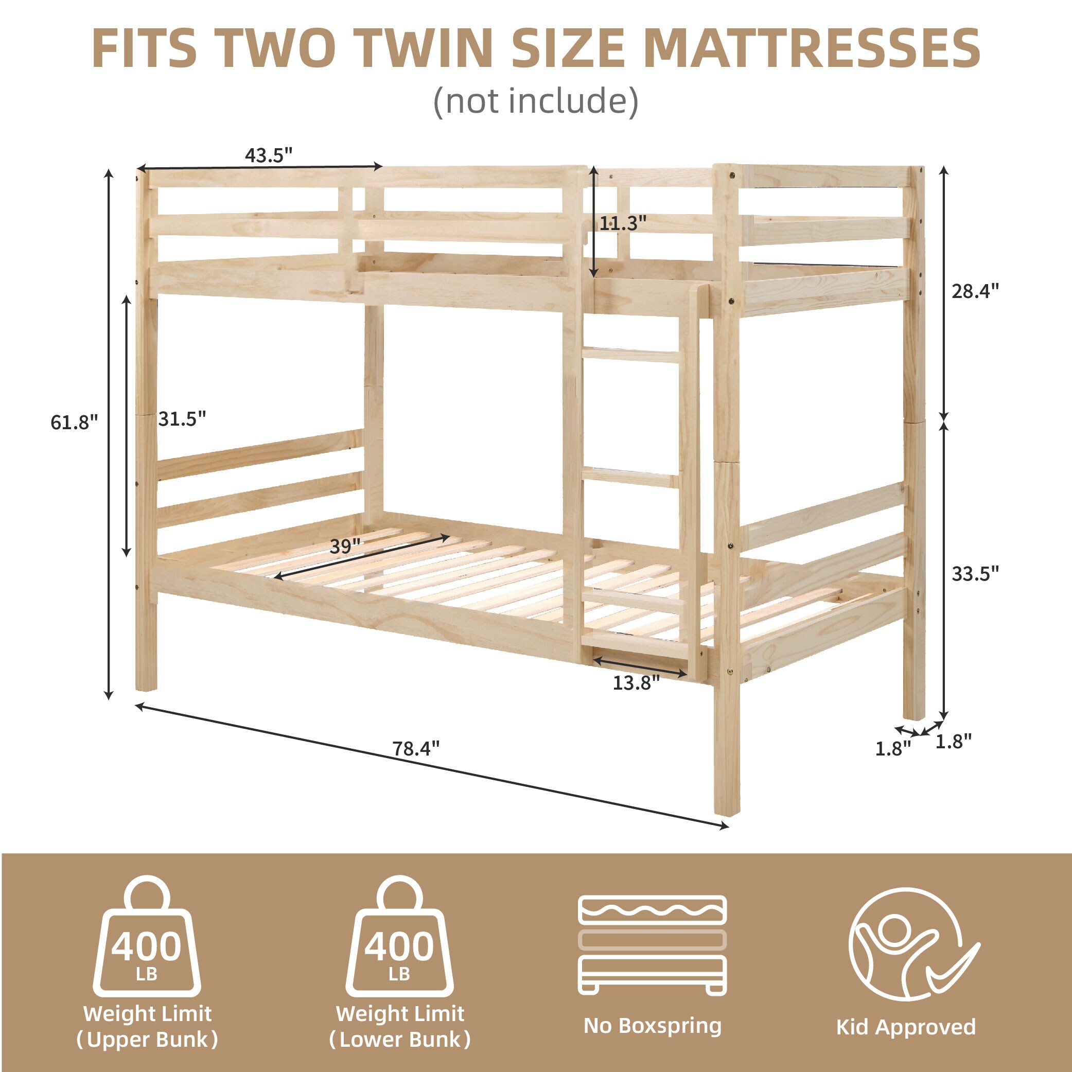 Twin Over Twin Bunk Bed With Ladder,Wooden Bunk Bed With High Guardrail And Ladder For Kids, Teens, Dorm Rooms, And Guest Rooms,No Box Spring Needed,White_voghion.com